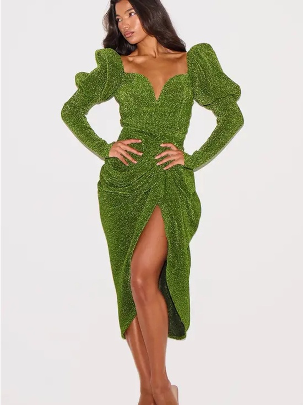 PrettyLittleThing Green Glitter Puff-Sleeve Midi Dress